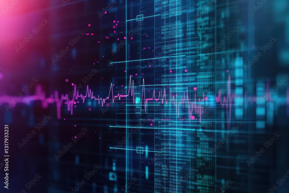 Poster vibrant abstract background featuring blue and pink gradient with dynamic data line representing tec
