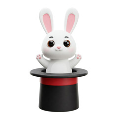 Collection of Isolated Cheerful 3D White Rabbit Characters Popping out of a Classic Magician's Hat
