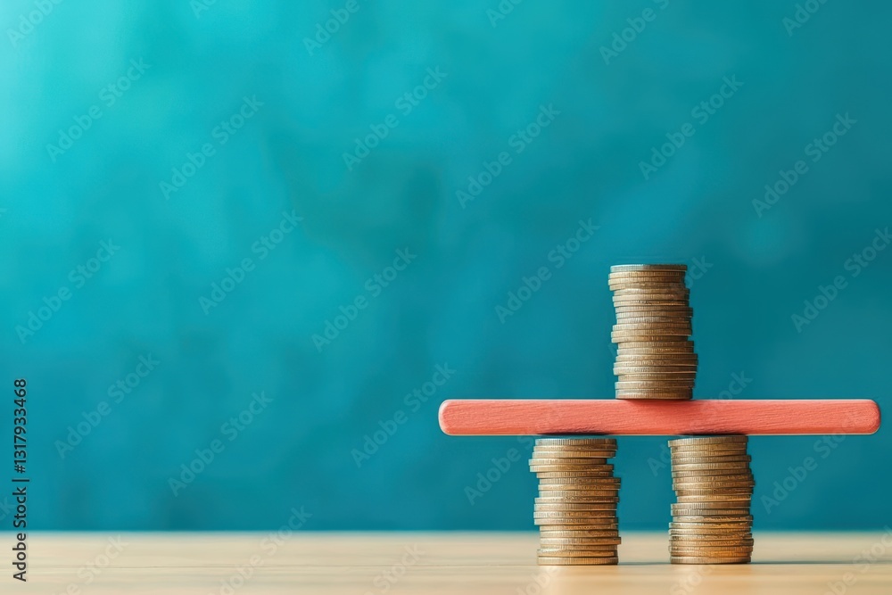 Poster closeup of a neatly arranged stack of coins on a wooden table with warm lighting highlighting the te