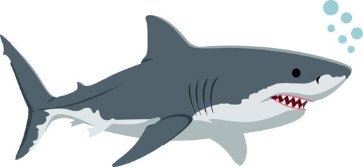 Obraz premium A sleek grey shark swimming gracefully through the ocean in a minimal design style, showcasing vibrant colors and bubbles, vector illustration