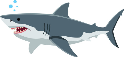 Fototapeta premium A playful grey shark swimming gracefully in a bright blue ocean with bubbles, showcasing a flat design style, vector illustration