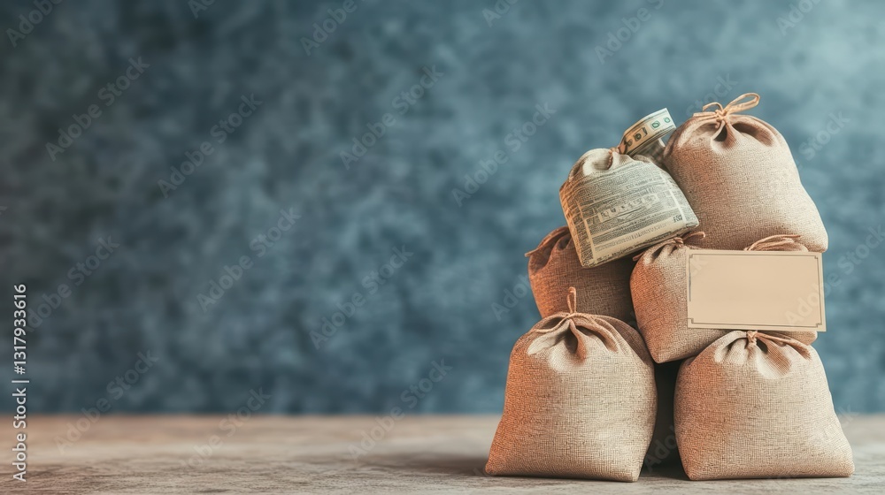 Poster three distinct bags of money arranged neatly on a table with soft lighting creating a wealthy atmosp