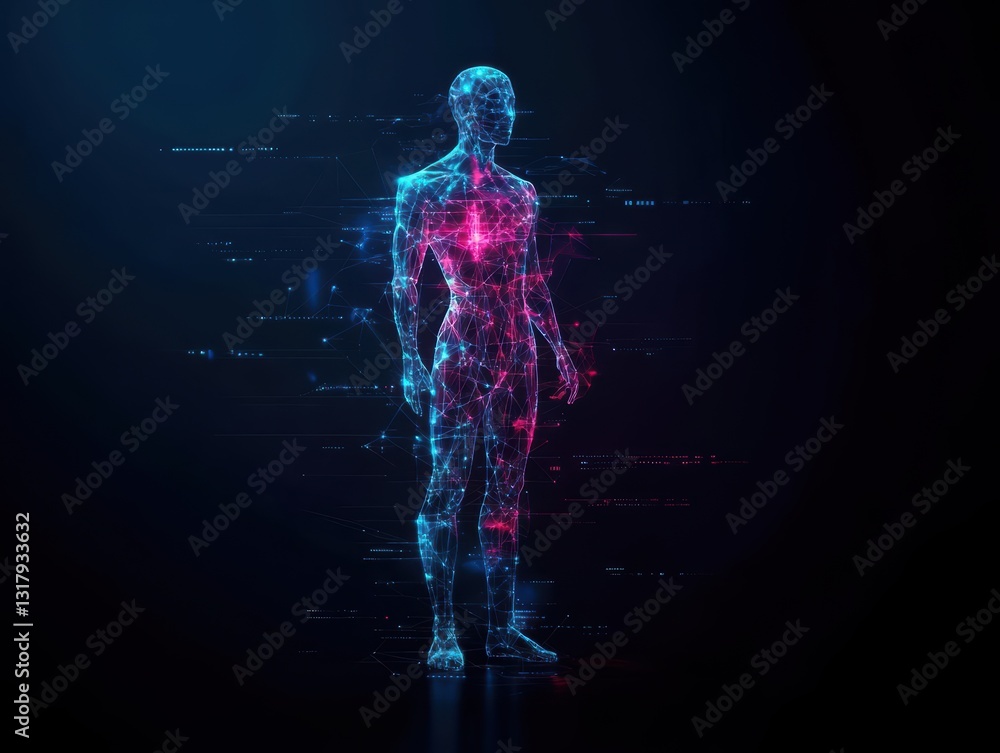 Poster a man's body adorned with vibrant glowing neon patterns illuminating the dark surroundings creating 