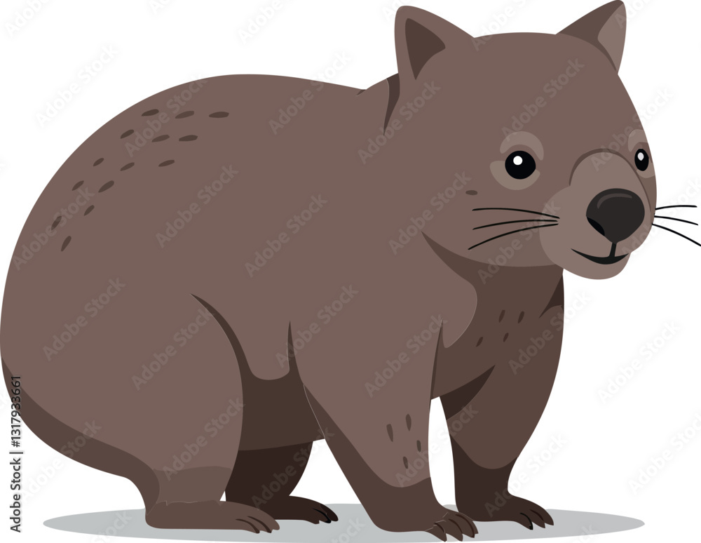 Poster a cute brown wombat standing on a light surface with a friendly expression, designed in a minimal ve