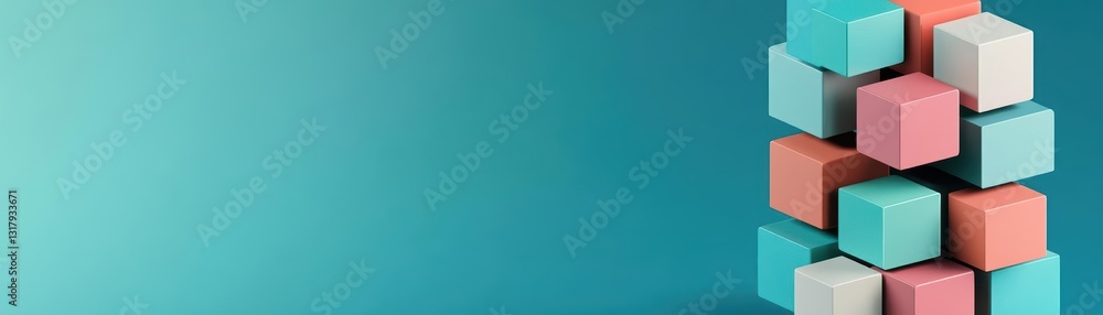 Poster colorful stack of geometric cubes in various sizes and shades on a solid blue background creating a 
