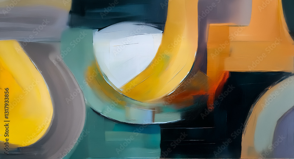 Poster abstract artwork featuring rounded, organic shapes in a muted color palette. brushstroke texture is 