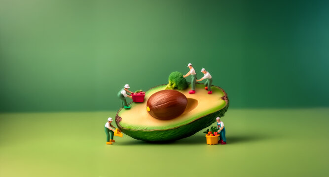 Tiny figures meticulously work on a halved avocado, carrying baskets and tending to the seed. A vibrant green backdrop highlights this miniature food scene.