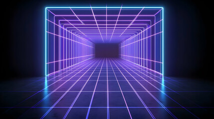 Obraz premium Vivid Neon Tunnel With Glowing Purple And Blue Rectangular Frames In A Dark Futuristic Space With Reflective Concrete Floor