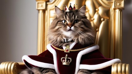Regal Feline Sovereign: An adorable cat, regally attired in a crown and ornate robes, sits on a golden throne, exuding an air of majestic sovereignty.