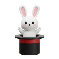 Collection of Isolated Cheerful 3D White Rabbit Characters Popping out of a Classic Magician's Hat