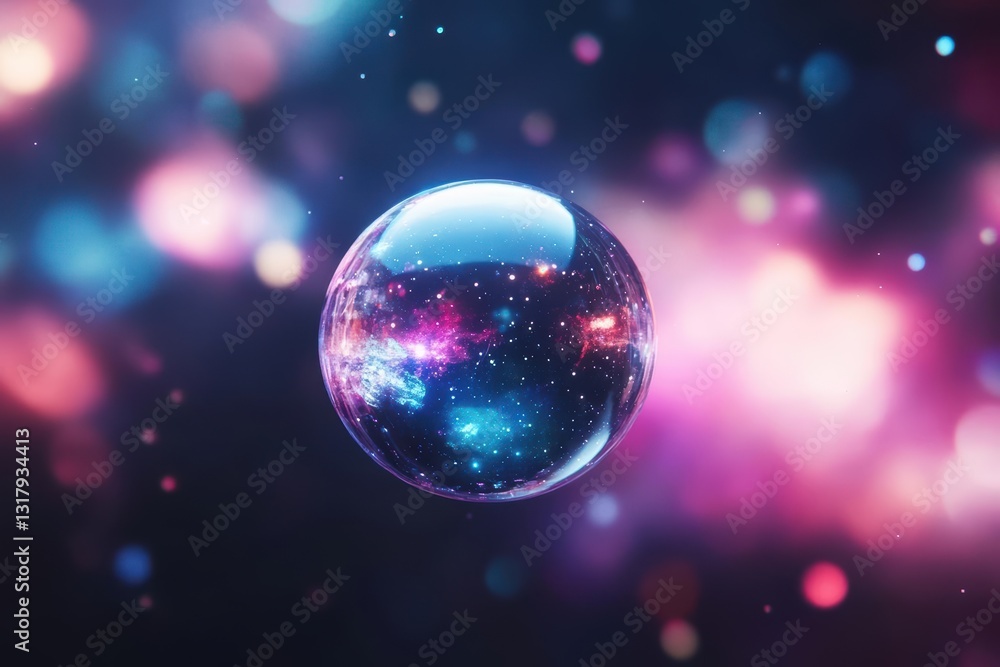 Poster a mesmerizing bubble encapsulating a colorful nebula with swirling cosmic patterns and ethereal ligh