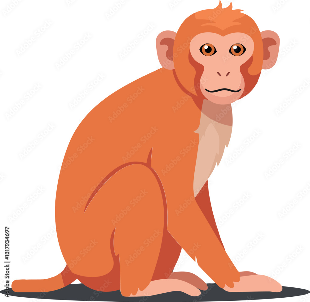 Poster orange monkey sitting calmly with a friendly expression in a flat vector art style, showcasing its p