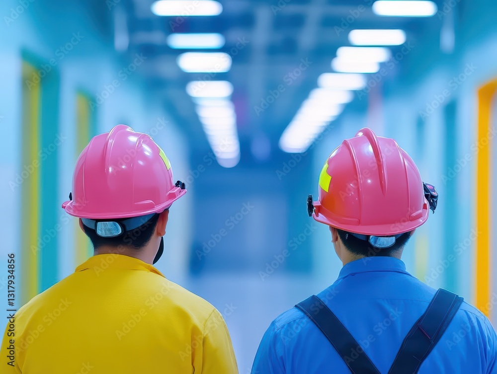 Poster two construction workers in hard hats engaged in a collaborative task on a construction site display