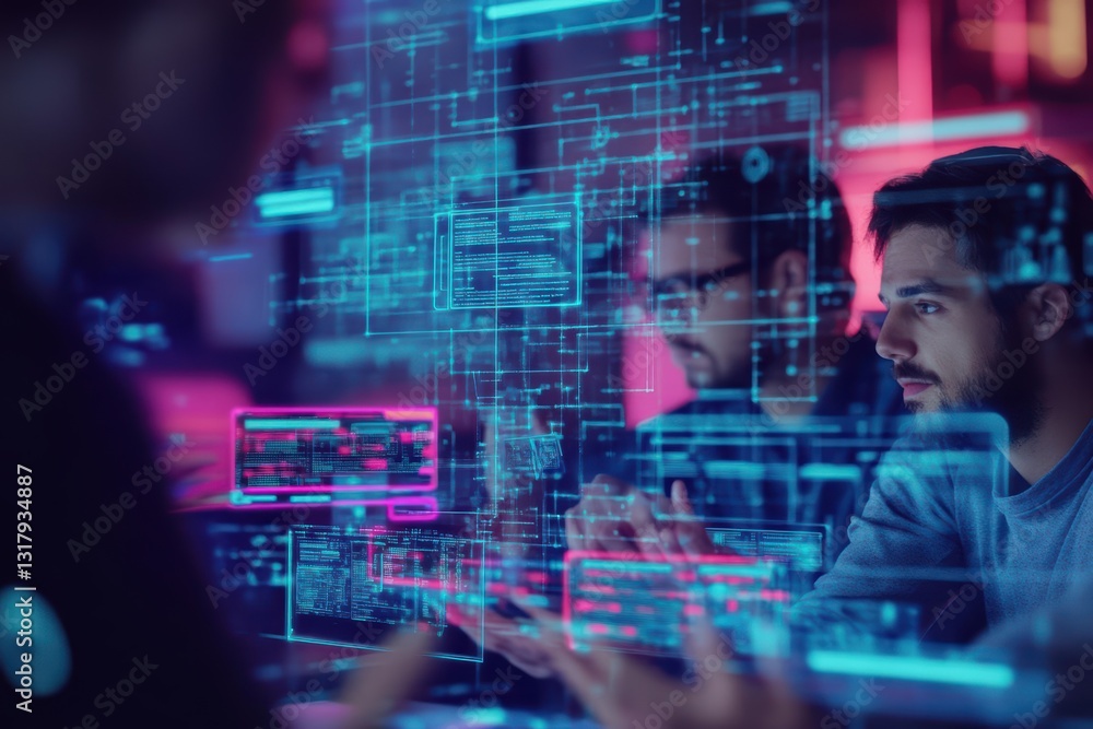 Poster two individuals engaged in collaborative work at a computer with vibrant blue and pink background cr
