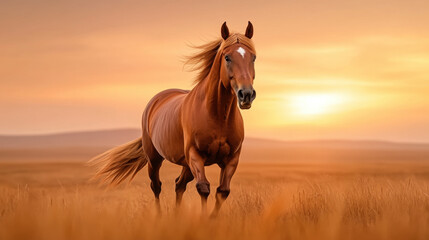 Fototapeta premium Dynamic image of a brown horse galloping freely through a lush green field in a minimalist rural landscape