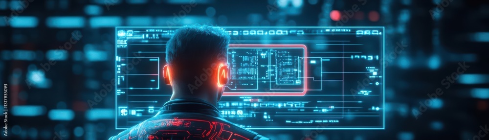 Poster futuristic man in sleek suit analyzing data on advanced computer screen illuminated by soft ambient 