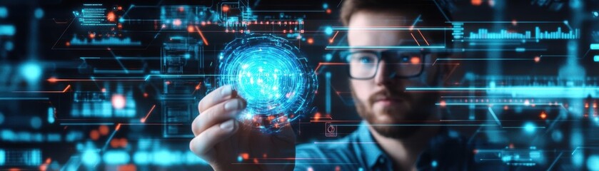 Fototapeta premium A man holding a futuristic blue light bulb in a modern setting showcasing innovation and creativity with a focus on technology and design aesthetics