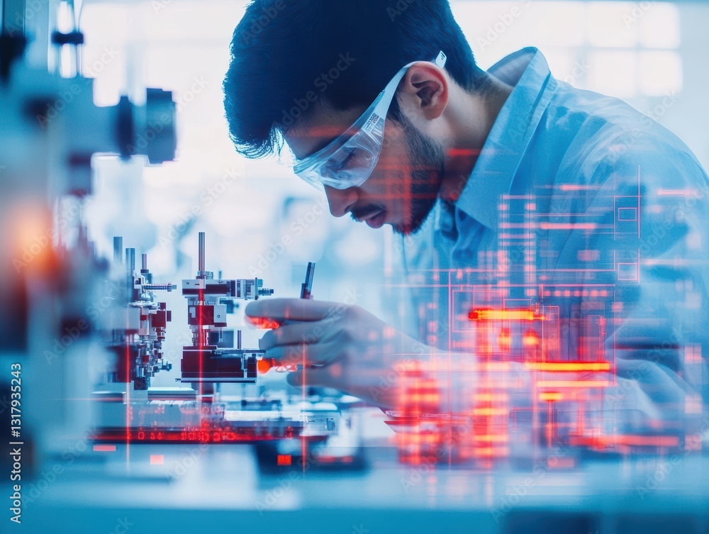 Poster focused scientist analyzing specimens under microscope in a modern laboratory environment with advan