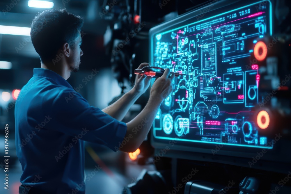 Poster focused man working on computer screen in modern office environment surrounded by technology and cre