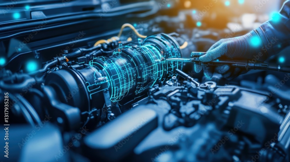 Poster mechanic skillfully servicing car engine in well equipped garage with tools and parts on workbench c
