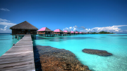Overwater Bungalows With Pink Roofs And A Wooden Pier Extending Over Turquoise Water Under A Clear Blue Sky