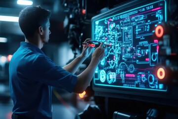 Focused Man Working on Computer Screen in Modern Office Environment Surrounded by Technology and Creative Elements for Productive Working Atmosphere