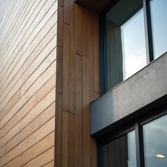 Fototapeta premium Modern architecture design featuring wooden, metal cladding. Facade wood planks, concrete wall with windows. Construction of contemporary home exterior. Natural light reflects window, enhances