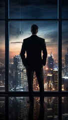 Fototapeta premium Ceo gazing out over city skyline from tall glass window, embracing leadership and vision