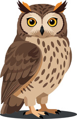Detailed illustration of a majestic owl with vibrant eyes in a minimal design style showcasing its unique feathers and confident stance in a playful vector art