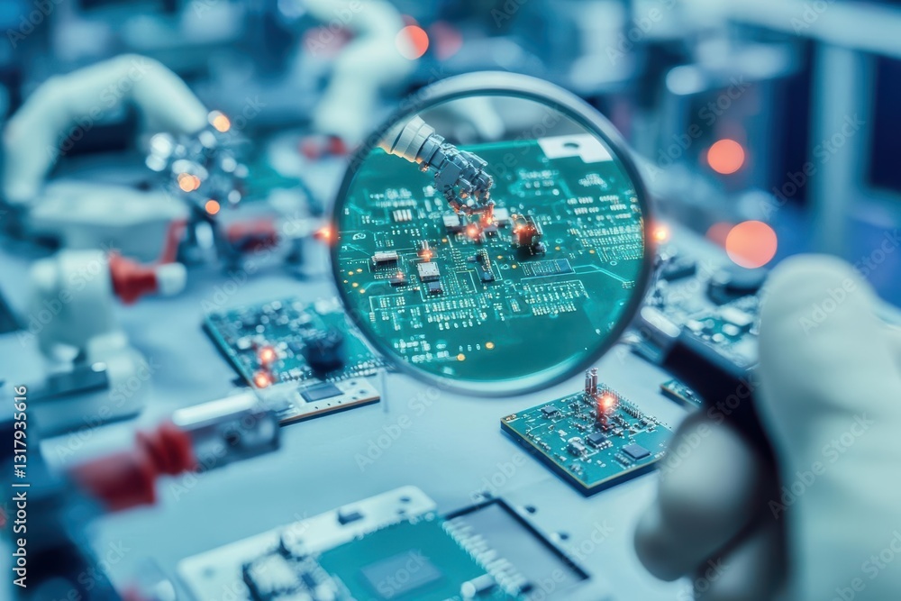 Poster closeup of a magnified lens featuring intricate circuit patterns highlighting technology and innovat