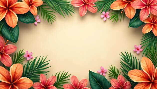Top view of tropical flowers frame border with petals and leaves. Exotic floral decoration on banner template for summer sale, invitation, card, poster with copy space. - Powered by Adobe
