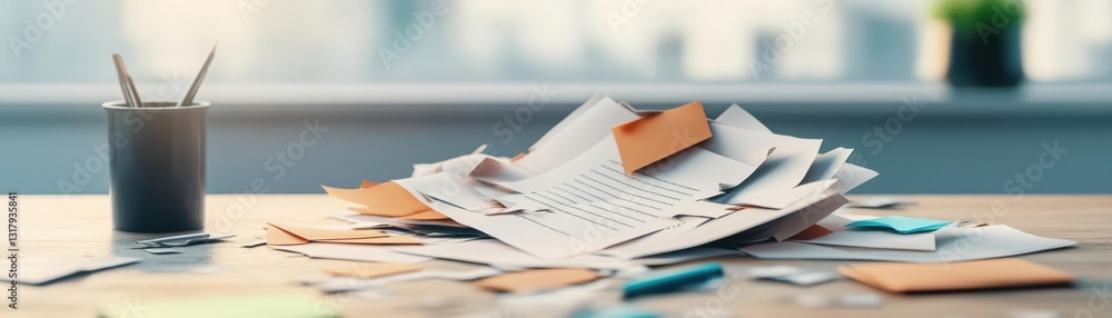 Poster a neatly arranged pile of papers with a wooden pencil on a rustic table creating an inviting atmosph