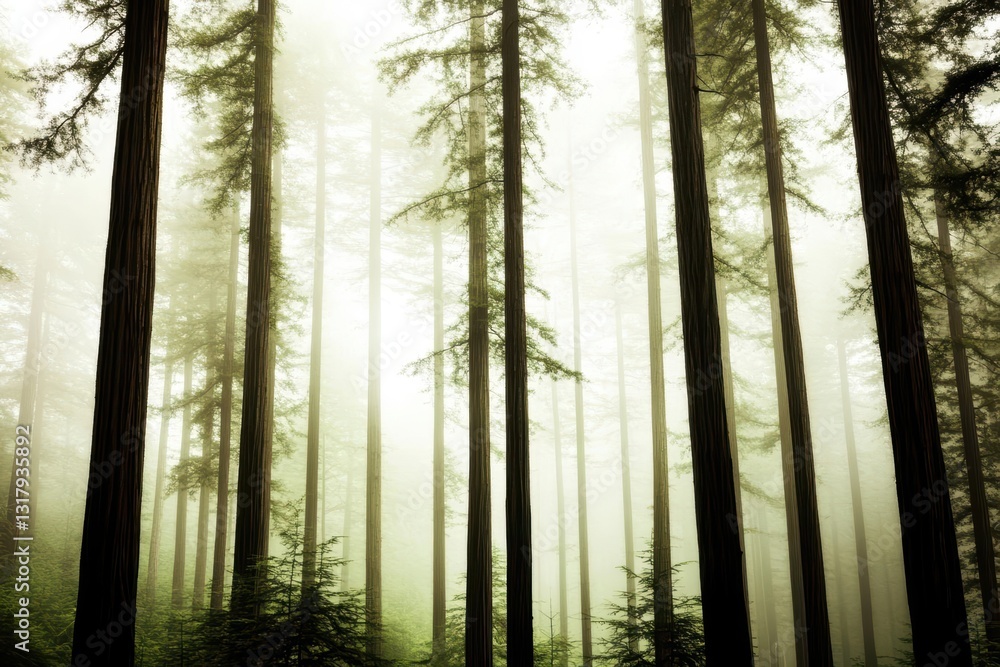 Poster mysterious foggy forest with towering trees creating an enigmatic atmosphere perfect for exploration