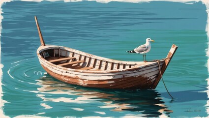 Obraz premium Seagull on a Tranquil Boat: A serene seaside scene, with a single seagull perched upon a weathered rowboat afloat on shimmering water. The image captures a sense of peace and solitude.