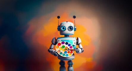 Fototapeta na wymiar A cute robot with antenna stands against a colorful backdrop, holding a vibrant circular palette with a paintbrush, ready to create art.