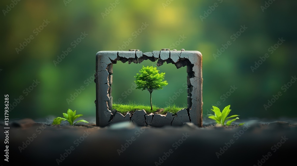 Poster a small resilient tree emerging from a shattered frame symbolizing strength and hope in the face of 
