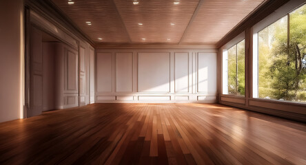 Fototapeta premium A spacious empty room with hardwood floor and large windows overlooks greenery. Sunlight streams through the window, illuminating the interior.