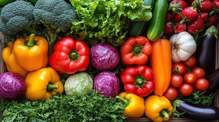 bright and colorful background made of assorted fresh vegetables