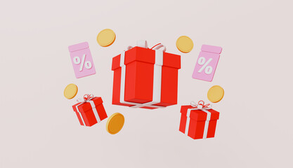 Gift box money coins with coupon promotion card, Percent price tag offer and red ribbon for shopping marketing, Special sale discount celebration event
