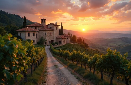 Picturesque Italian hamlet at sunset features vineyards, rolling hills. Tuscan architecture stone house near cobbled path. Rural idylli in summer evening twilight on orange sky. Wine agriculture