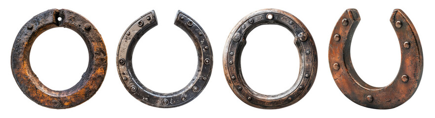 Various Horseshoes Displayed in Different Conditions and Styles, PNG bundle collection, Isolated on Transparent Background