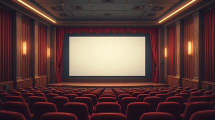 Cinema theatre movie screen vector illustration in retro styled yet clean design. Vintage movie theater interior with curtain, seat rows and blank film screen