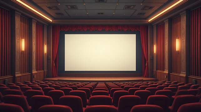 Cinema theatre movie screen vector illustration in retro styled yet clean design. Vintage movie theater interior with curtain, seat rows and blank film screen