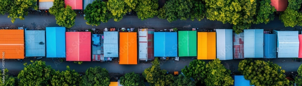 Poster vibrant array of colorful shipping containers stacked in an industrial port creating a dynamic and e