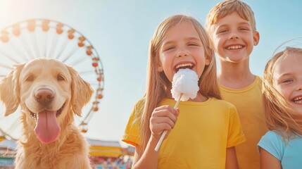 Children eating cotton candy while Ferris wheel spins behind, carnival mood, green screen