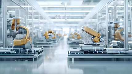 Automated Assembly Line With Orange And White Industrial Robots In Modern High Tech Factory With Bright Clean Environment For Advanced Manufacturing