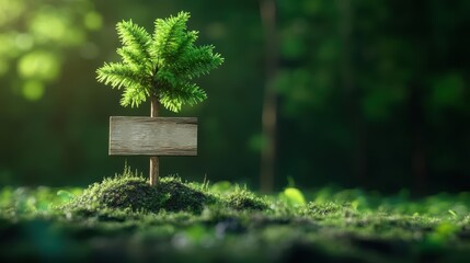A small tree thriving in a rustic wooden sign symbolizing resilience and nature's beauty amidst human creations in a tranquil outdoor setting