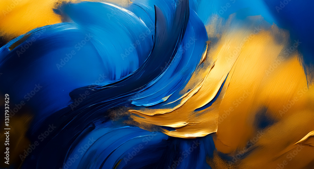 Poster dynamic swirls of deep blue and vibrant gold paint create an abstract and fluid artwork. the colors 