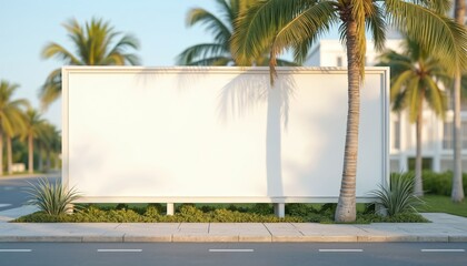 Mockup blank billboard on sidewalk near tropical beach with palm trees. White empty board, modern city frame outdoor for advertisement. Template poster background. Urban screen commercial marketing