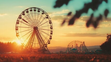 Ferris wheel at dusk with soft golden lighting, nostalgic scene, green screen background